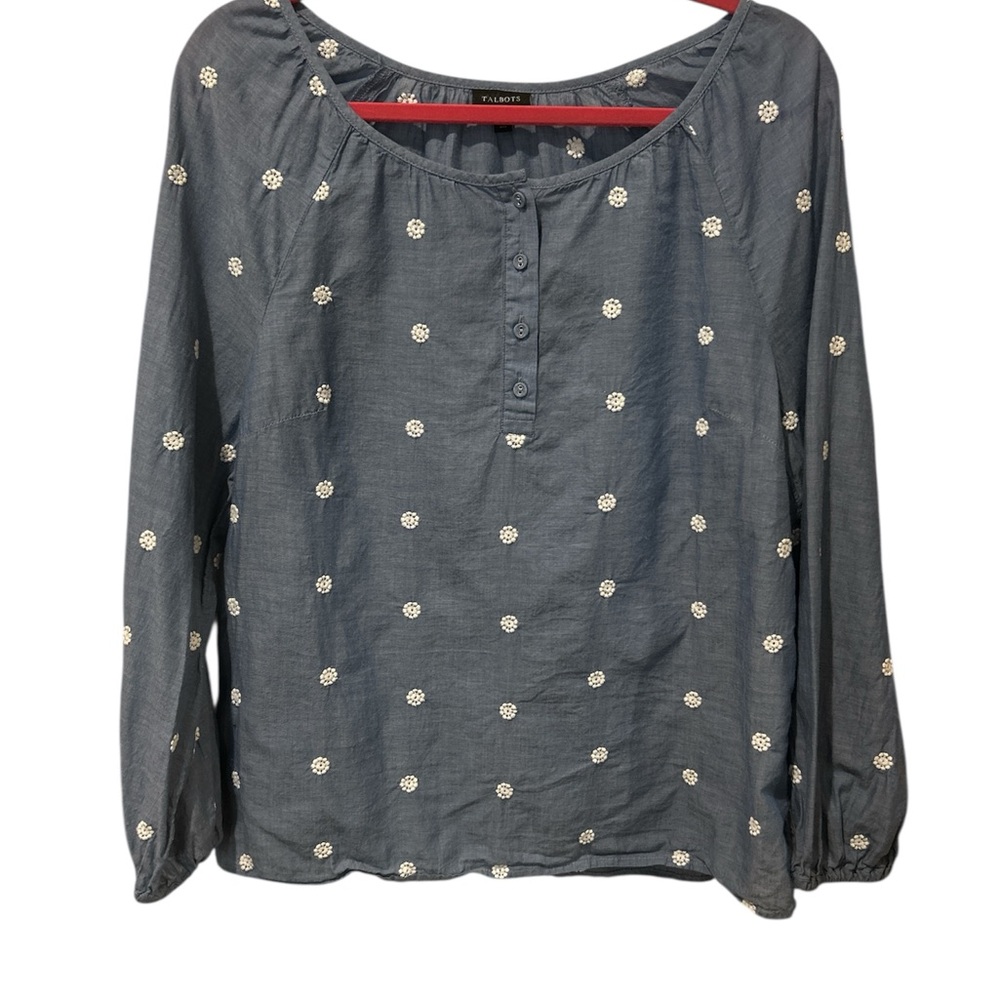 Talbots Light Blue Denim Long Sleeve Buttoned Blouse with Delicate Flowers